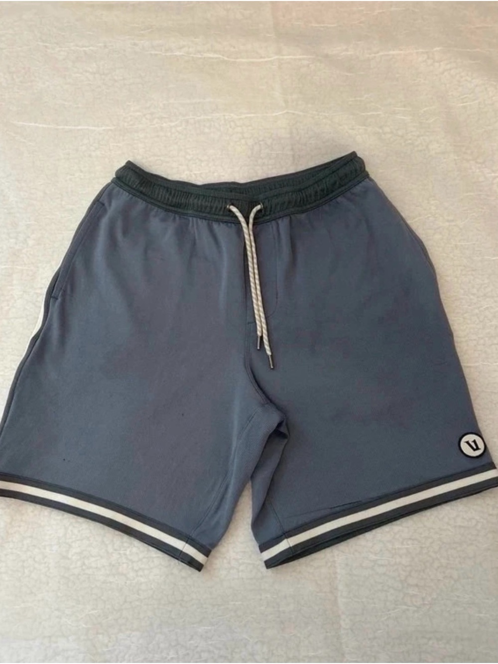 Vuori Slate Blue Athletic Drawstring Shorts with Stripe Hem